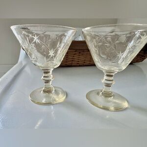 Vintage Yellow Etched Martini Glass. Set of 2.